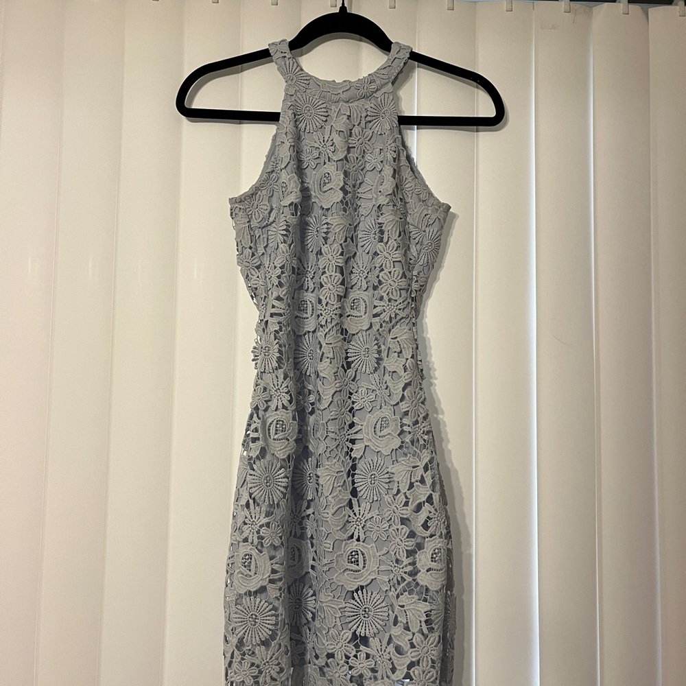 Lulu's Elegant Halter Lace Midi Dress in Light Blue
